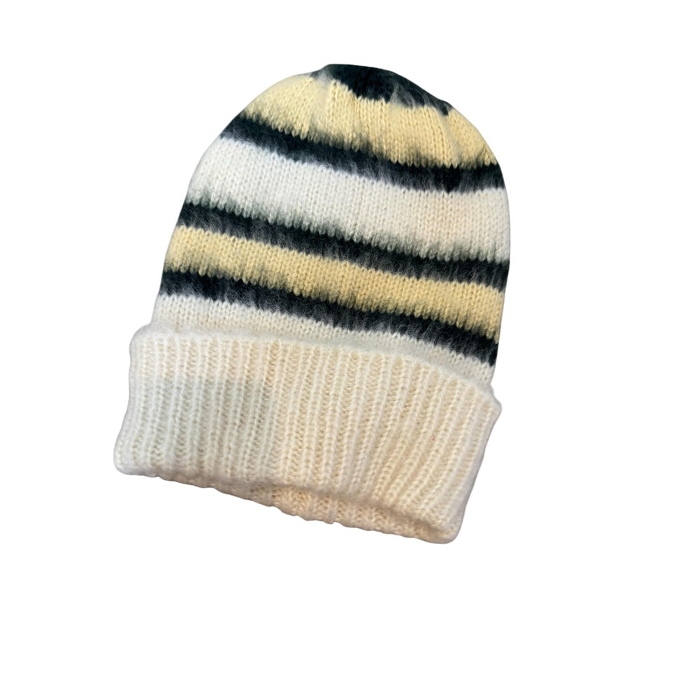 Free People‎ Hat Beanie Cuffed Womens One Size Ivory Black Striped Fuzzy Knit